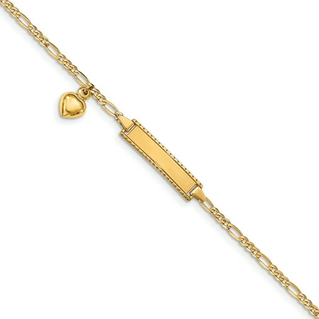 14k Yellow Gold 6in Figaro Heart Baby/Child ID Bracelet (Plate: 0.9inx 0.2in)