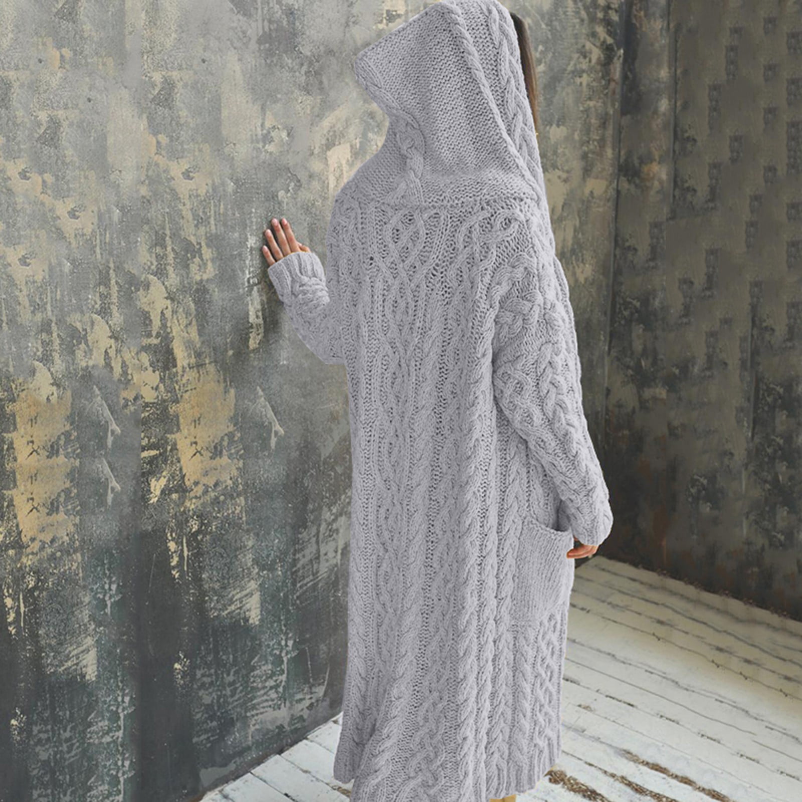 Hvot&aat Women's Cable Knit Hooded Sweaters Open Front Cardigan Long Sleeve Sweater Coats Oversized Maxi Jacket with Pockets