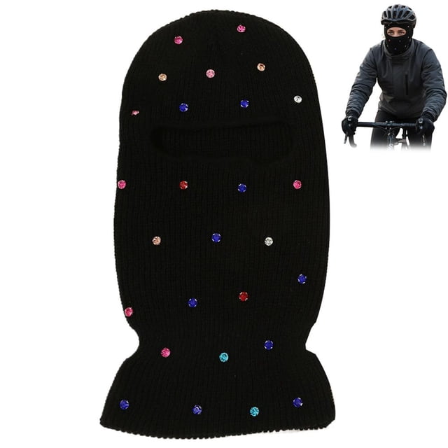 Womens Rhinestone Balaclava Hat - 2-in-1 Winter Knit Scarf & Full Face Mask Beanie for Cycling, Skiing