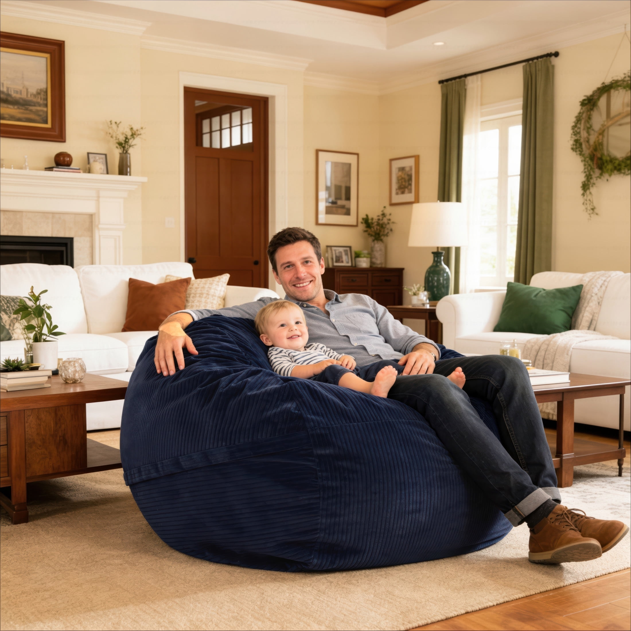 Luna 5 Foot X-Large Bean Bag Chair – Oversized Foam Lounger for Adults & Kids, Plush Corded Faux Fur, Navy Blue