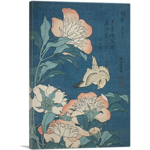 ARTCANVAS Peonies and Canary 1834 Canvas Art Print by Katsushika Hokusai - Size: 26" x 18" (0.75" Deep)