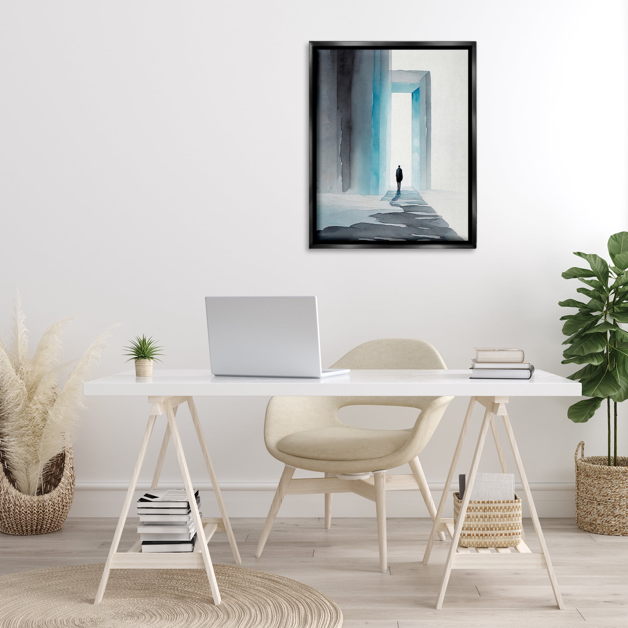 Stupell Industries Person with Snowy Doorway Landscape Painting Black Floater Framed Canvas Art Print Wall Art, 25 x 31