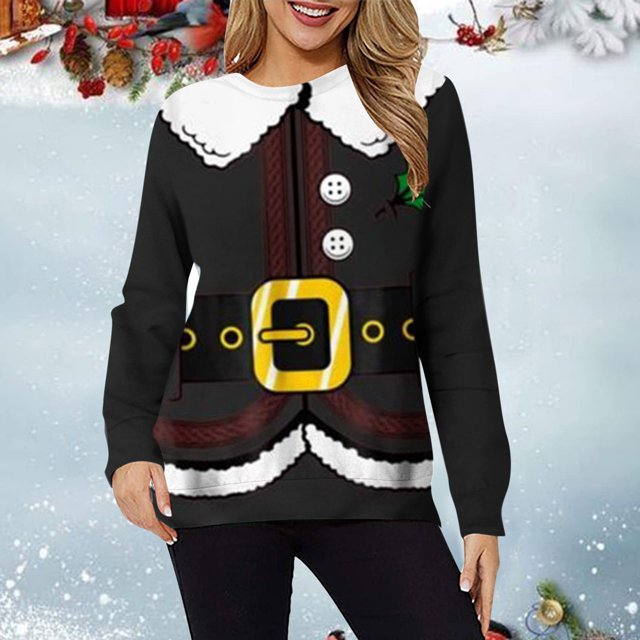 Qiopertar Mode Femmes Imprimé Col Rond Pull Tops Manches Longues Blouse Confortable Chandail en Molleton Offres de la Semaine Liquidation Moins de 5$ jusqu'à 90 % de Réduction