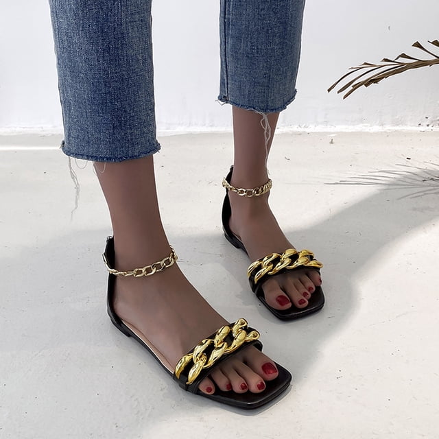 Zapatos de mujer Moda Color sólido Minimalista Cadena de metal Cremallera Sandalias planas de princesa Wmkox8yii shjk6973