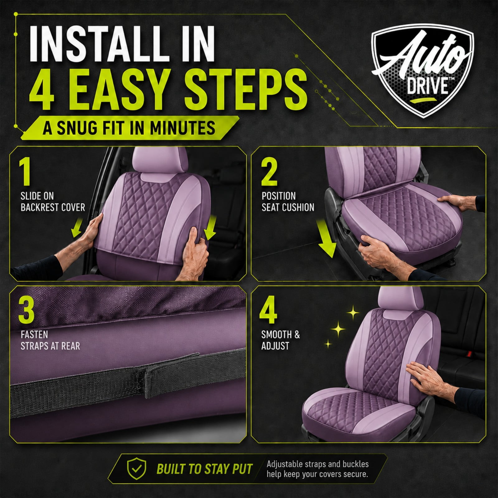 Auto Drive Car Seat Covers, Diamond Quilted Two-Tone Car Seat Covers Set, Universal Fit for Two Front Seats, Airbag Compatible for Cars, SUVs and Trucks Purple Front Seat