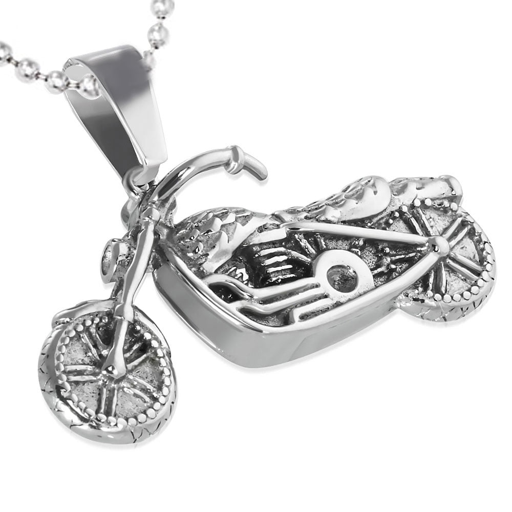 Stainless Steel SilverTone Motorcycle Bike Biker Pendant Necklace, 24