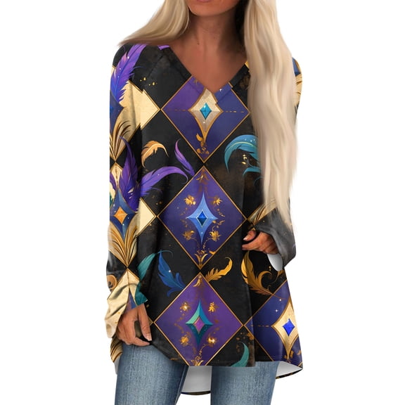 Mardi Gras Shirts for Women Glitter Mask Print Long Sleeve Tops Carnival V Neck Gold Graphic Tee Gray S