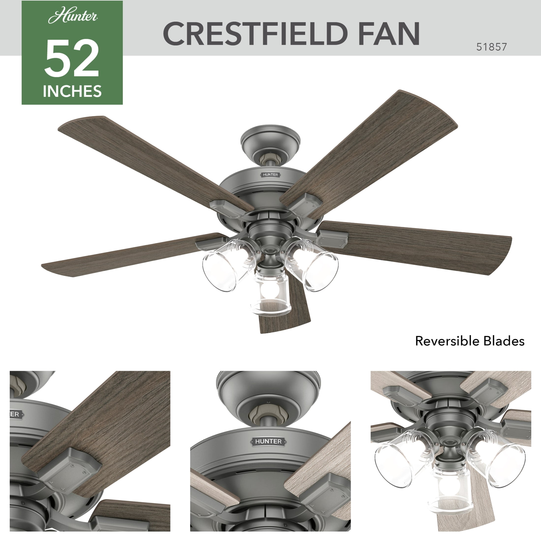 Hunter 52 inch Indoor Ceiling Fan with LED Lights and Remote Control - Standard Mount Ceiling Fan, 5 Blades, For Bedroom, Living Room, or Kitchen, 3 inch Downrod - Crestfield 51857, Matte Silver