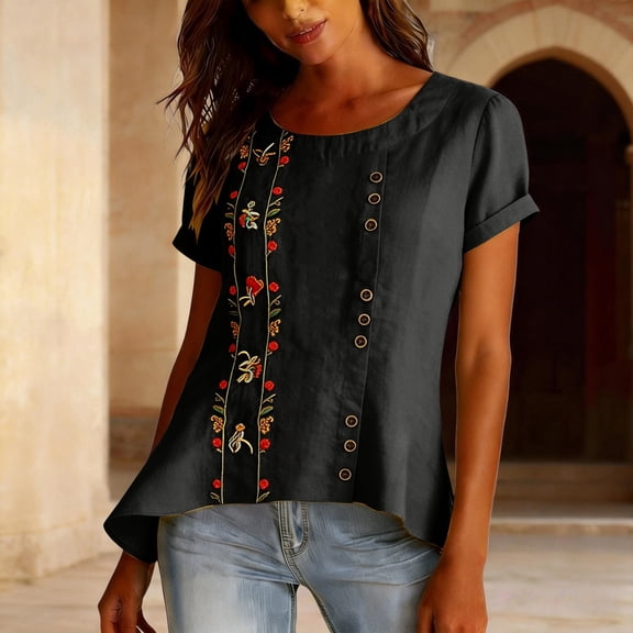 Womens Embroidered Tops Boho Peasant Gauze Blouses Flowy Tops For Women Solid Color Work Blouses Short Sleeve Henley Tops Lightweight Linen Blouses For Women Peasant Blouse Black 2XL