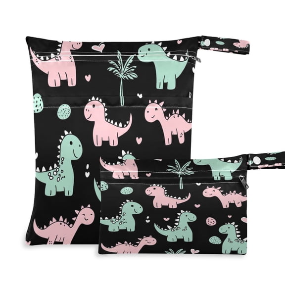 2 Pack Wet Dry Bags Waterproof Reusable Wet Bag with Handle for Travel,Diapers,Dirty Gym Clothes and Toiletries Pink and Green Dinosaurs