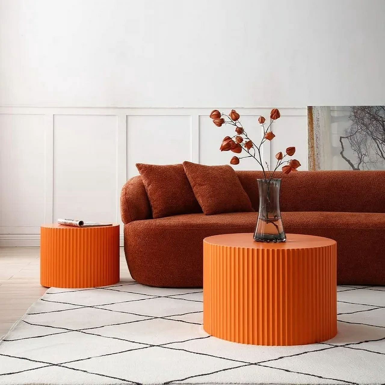 Nesting Coffee Table Set of 2, Round Side Tables Accent End Table for Living Room, Apartment, Orange