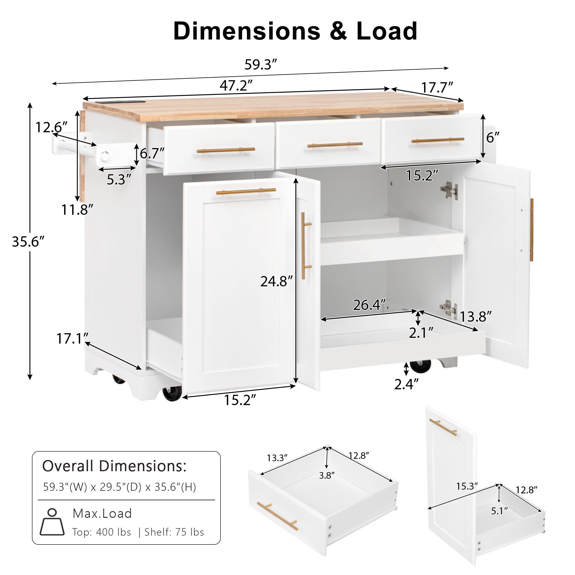 Aukfa 59" Kitchen Island with Power Outlet & Trash Cabinet, Rolling Kitchen Cart, Pull Out Organizers & Drop Leaf,White