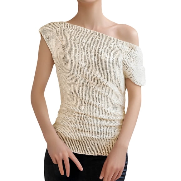 Women'S One Shoulder Glitter Sequins Shirts Top Concert Disco Party Tee Women'S T-Shirts Gold M
