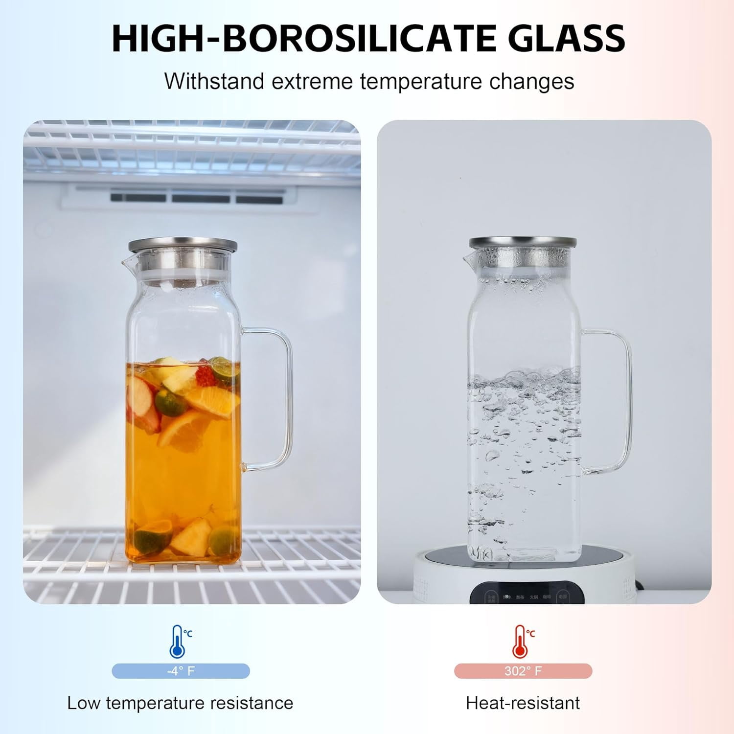 2 Pack 68 oz Square Glass Pitcher with Lid and Handle for Fridge, Iced Tea and Coffee Carafe Beverage Serveware, Heat Resistant Borosilicate Water Jug for Hot/Cold Drinks and Milk