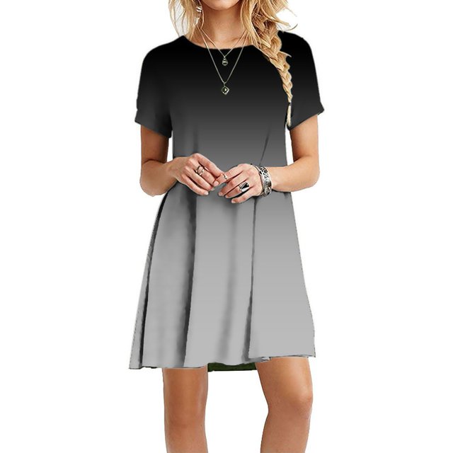 Nouvelle Robe Midi Dégradée Teinture sur Nœuds pour Femmes Col Rond Manches Courtes Robe Décontractée Simple T-Shirt Ample