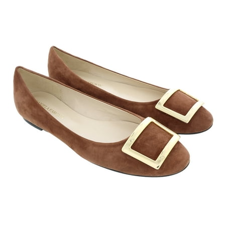

Daniela Fargion Brown/Gold Suede Square Buckle Flat Ballerina Shoes-9 for Womens