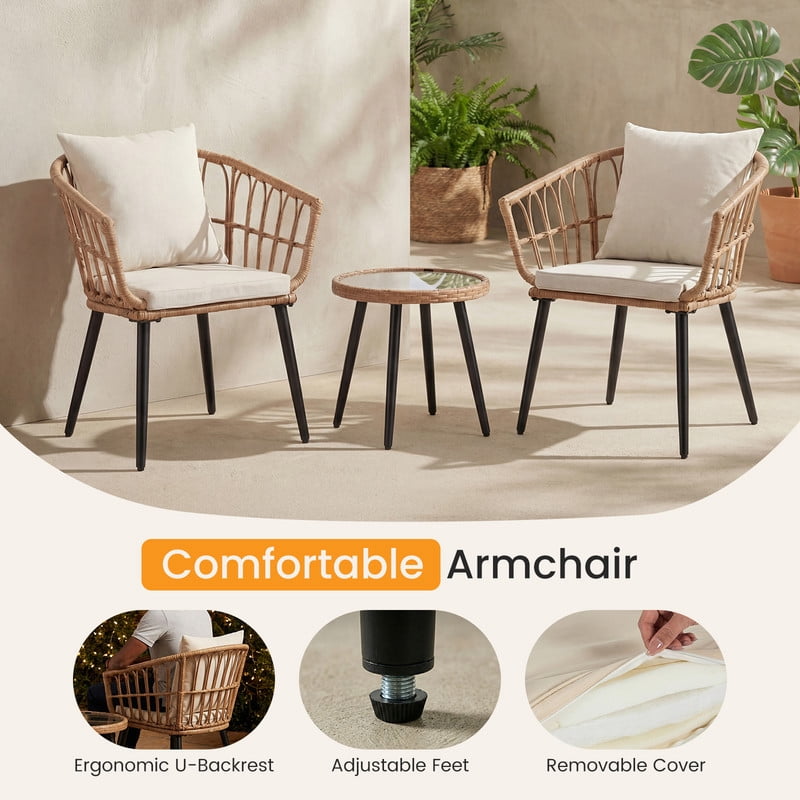 Gianna 3 Piece Outdoor Patio Furniture Set, Wicker Bistro Chairs with Glass Top Table for Apartment Balcony, Small Backyard, Porch and Deck, Beige