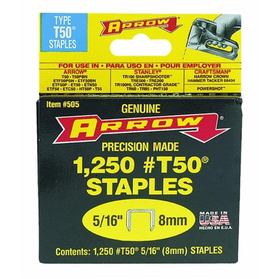 Arrow Fastener 505 4 Pack 5/16in. T50 Heavy Duty Staples, 1,250 Staples Per Pack