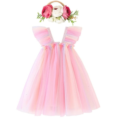 

NIUREDLTD Toddler Girls Fly Sleeve Sequined Solid Colour Tulle Ruffles Princess Dress Dance Party Dresses Clothes Size 100