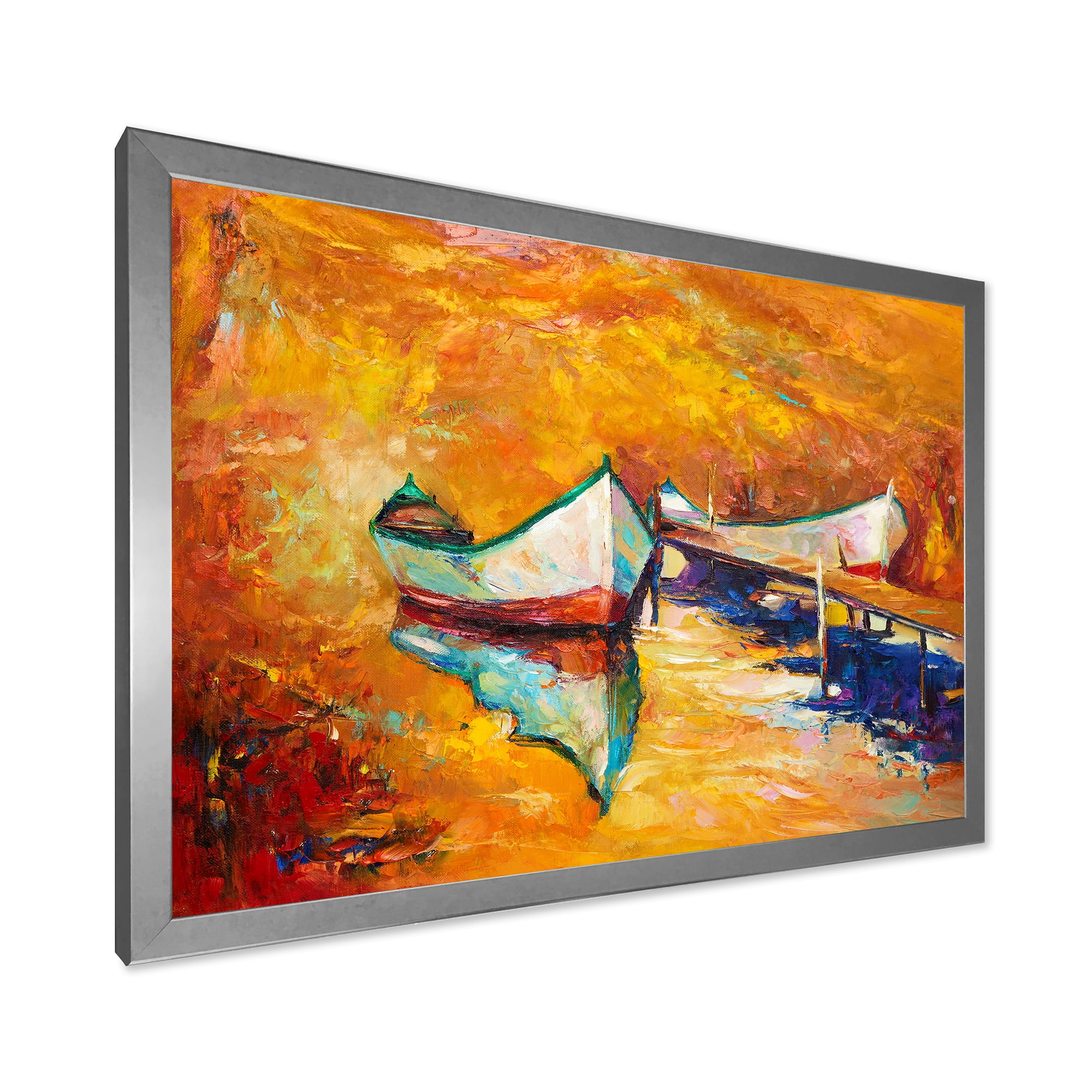 Little Boat During Warm and Orange Evening 40 in x 30 in Framed Painting Canvas Art Print, by Designart