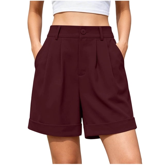 Fsgntruao Women's Fashion Solid Color Elastic Waist Pocket Button Zipper Shorts Pants