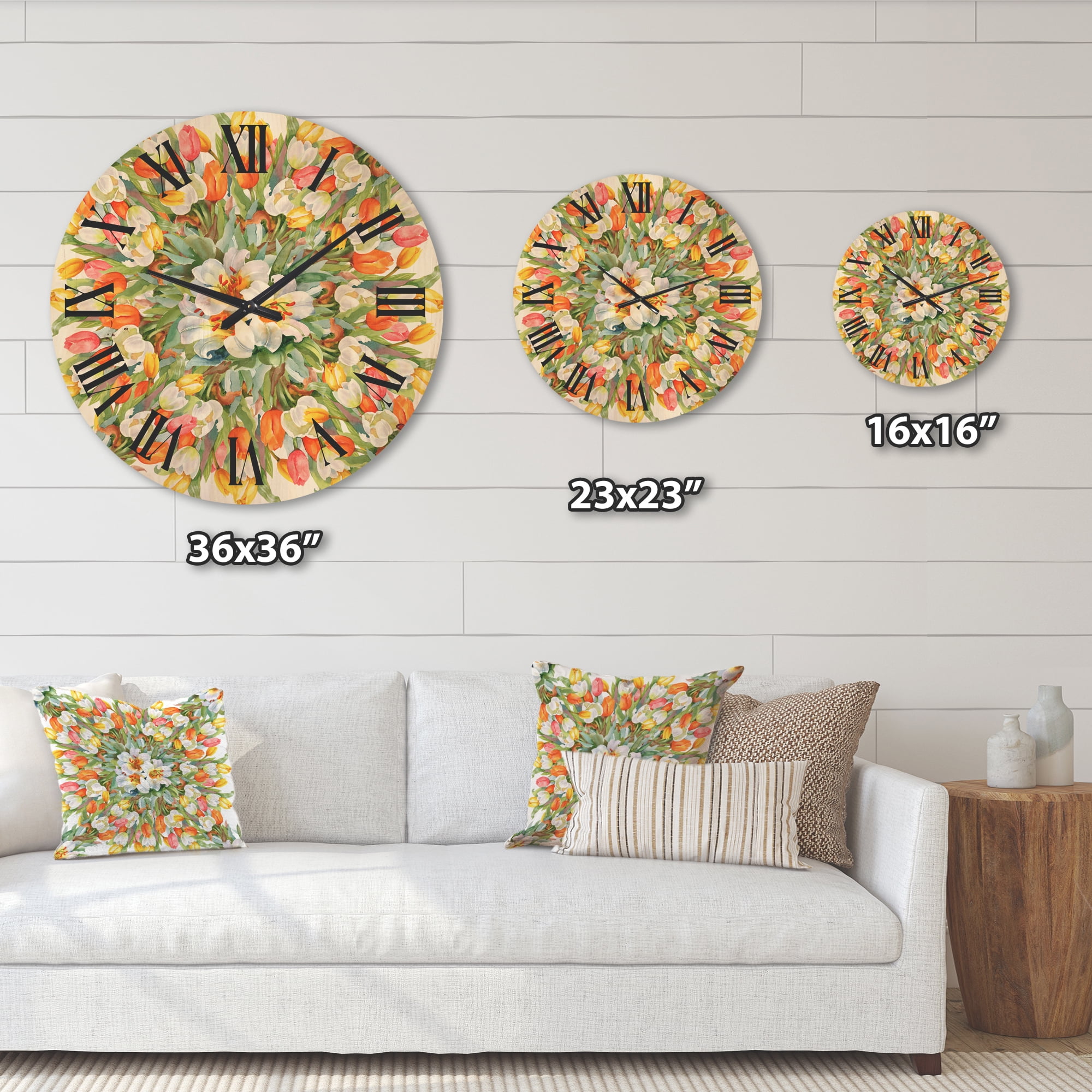 Designart 'Blooming Orange and White Tulips I' Traditional Wood Wall Clock