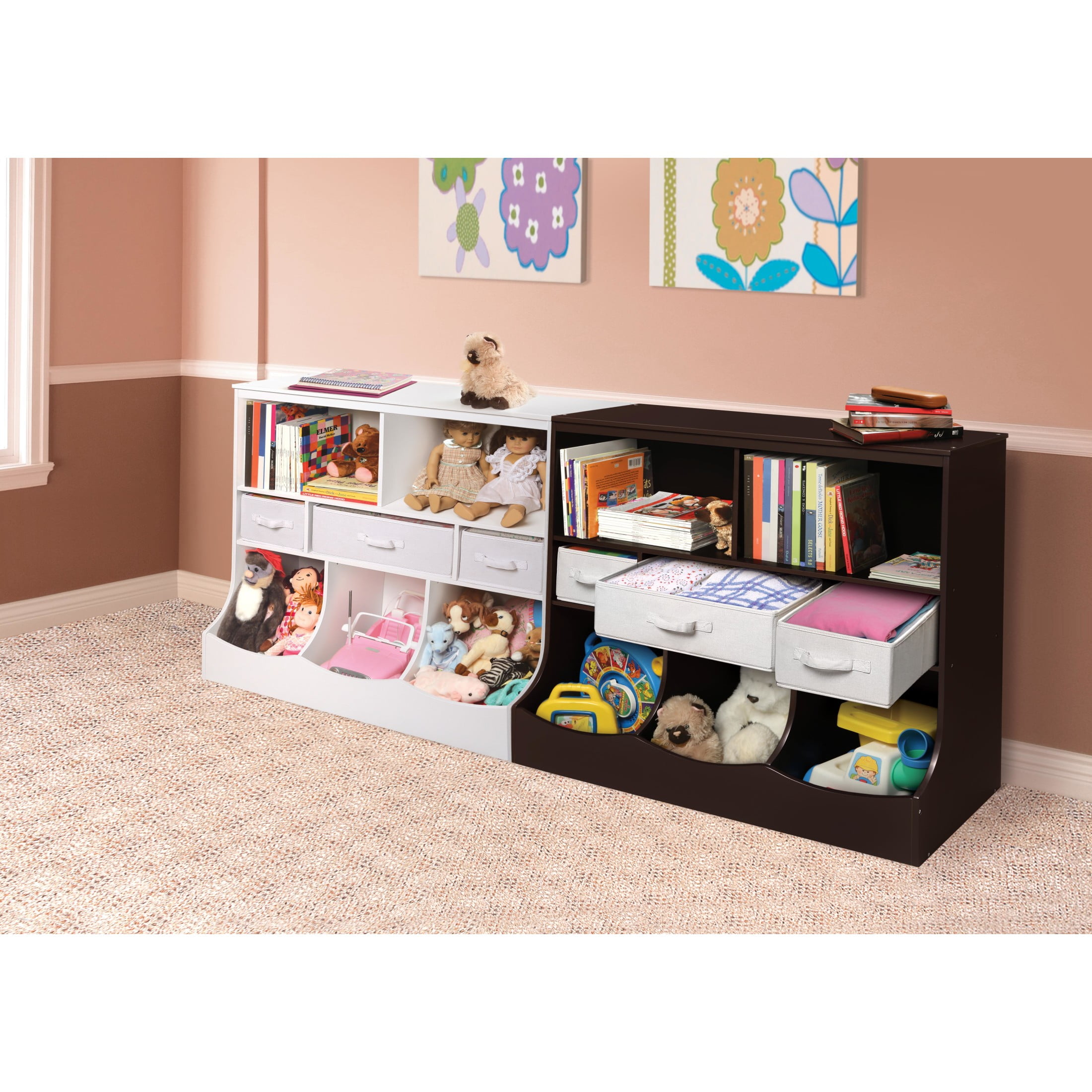 Badger Basket Children's Wooden Combo Bin with Three Baskets 55 gal Toy Storage Cube, Espresso