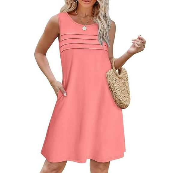 qolati Summer Dresses for Women 2025 Loose Fit Pleated Front Tank Dresses Casual Crewneck Sleeveless Pockets Sundress Beach Cover Ups