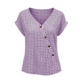 thumbnail image 4 of Favoffer Women's Plaid Pullovers V Neck Short Sleeve Button Placket Grid Weave Loose Silhouette Daily Shirts Picnic Gathering Weekend Rest, 4 of 8