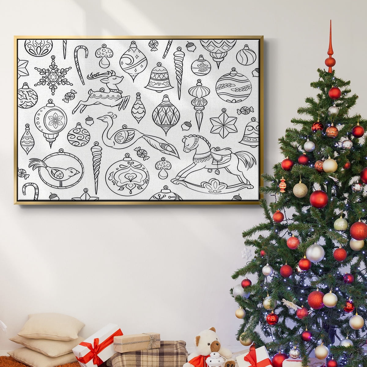 Vintage Ornaments - Framed Gallery Wrapped Holiday Canvas - 17 x 25 - Gold Frame