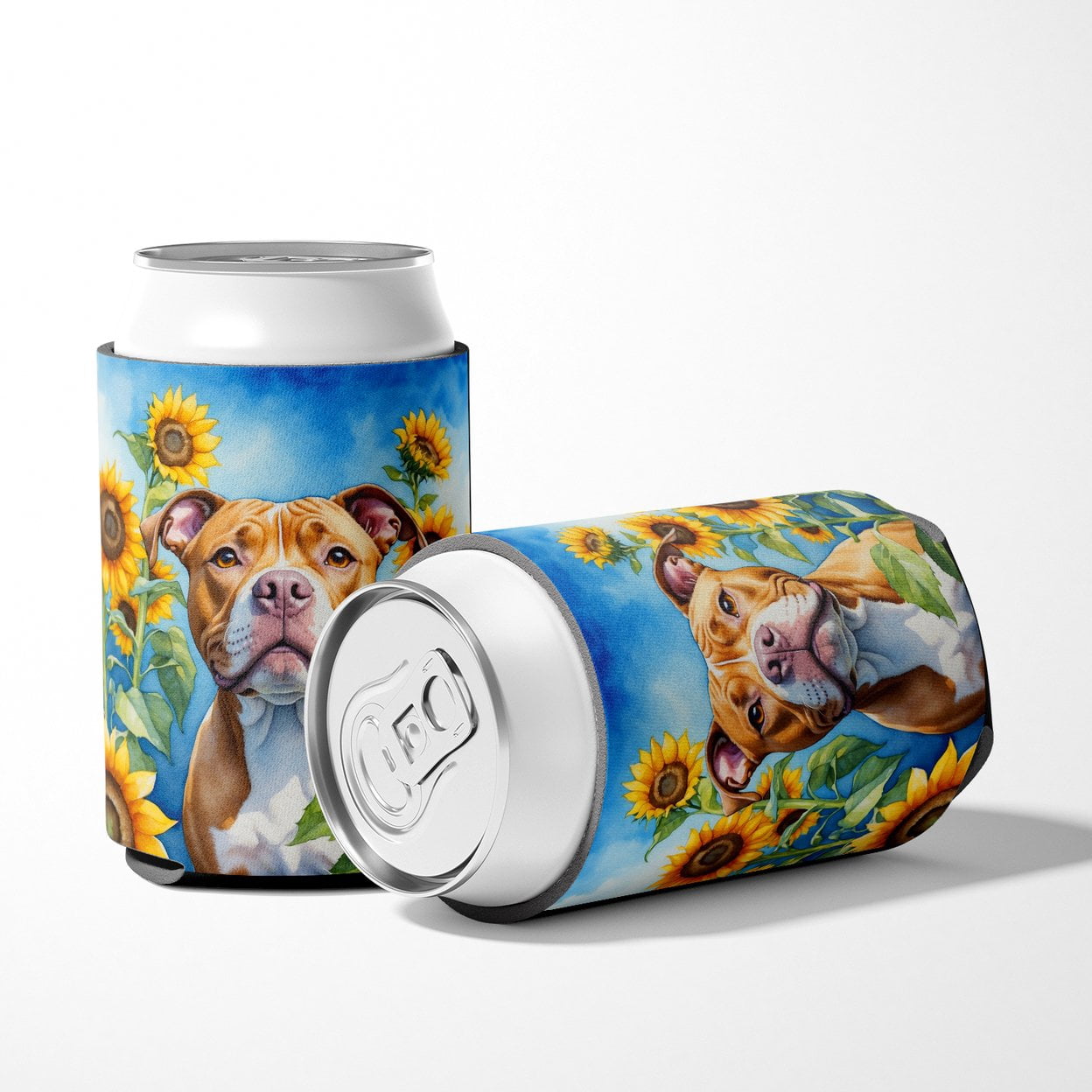 Pit Bull Terrier in Sunflowers Can or Bottle Hugger 3 in x 5 in