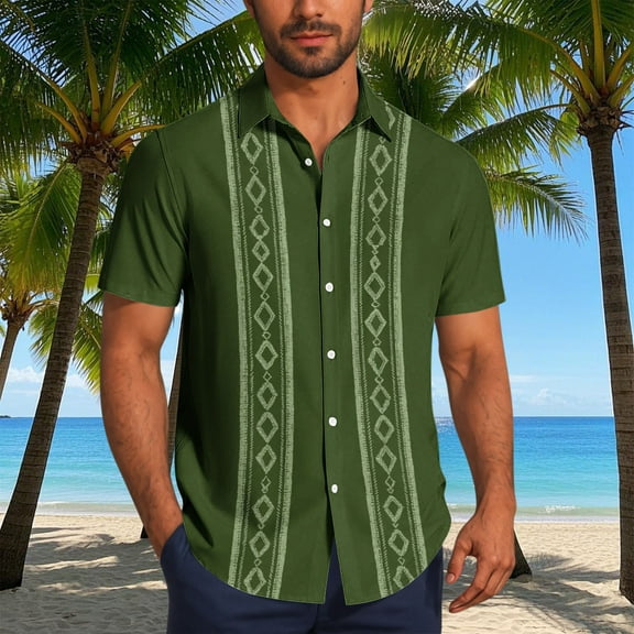 Aobny Collared T-Shirt Vintage Short Sleeve Green Bowling T Shirts Western Button-Up Men Tops,L
