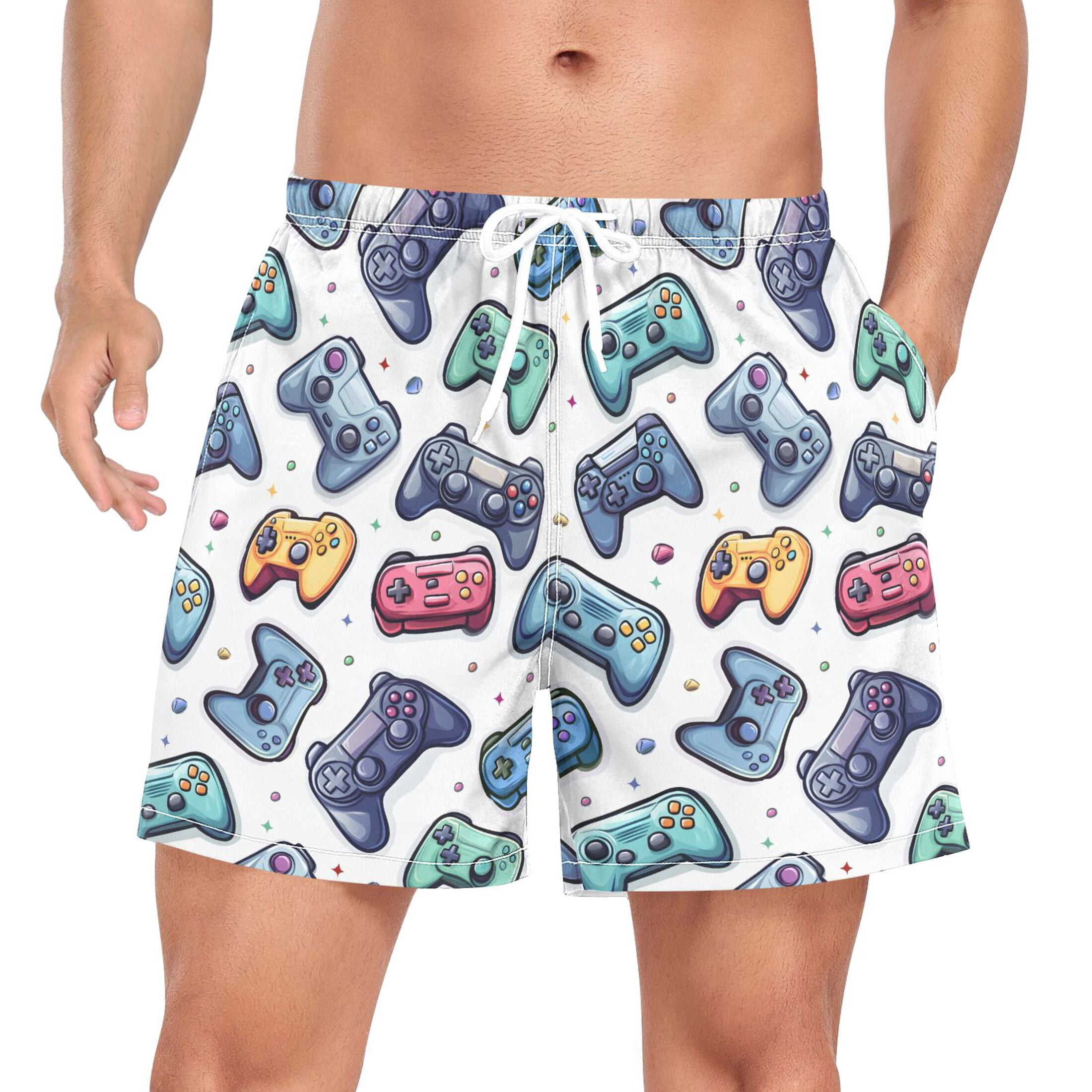 joogoo Men's Cartoon Game Controller Swim Trunks with Liner Pocket Beach Shorts XXL