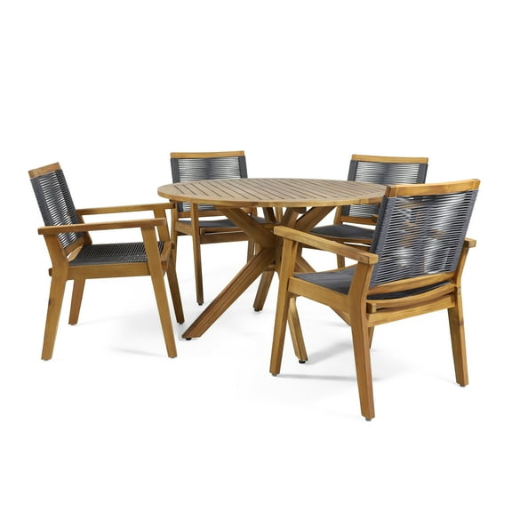 Noble House Mcgill 5 Piece Wooden Round Patio Dining Set in Teak and Dark Gray