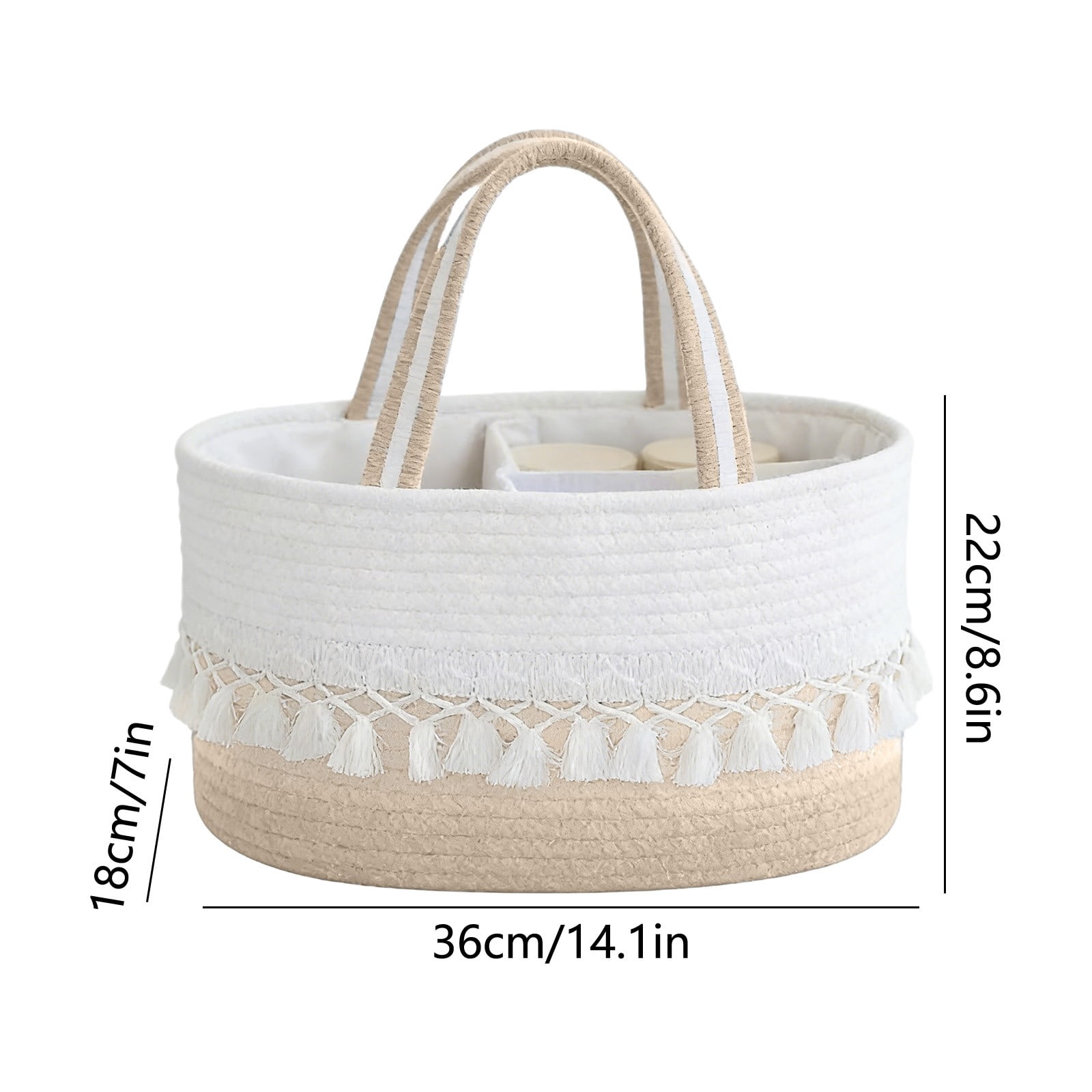 Hand Woven Cotton Rope Storage Basket with Handle Divided Basket Organizer with Tassels for Ba-by Toys Nursery Living Room Shelf Boho Decor Khaki
