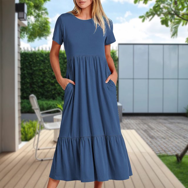 Vestido Plisado De Mujer Vestido plisado para mujer, cuello redondo, vestido amplio con bolsillos (azul cielo M) Cgtredaw para Mujer cielo azul T S