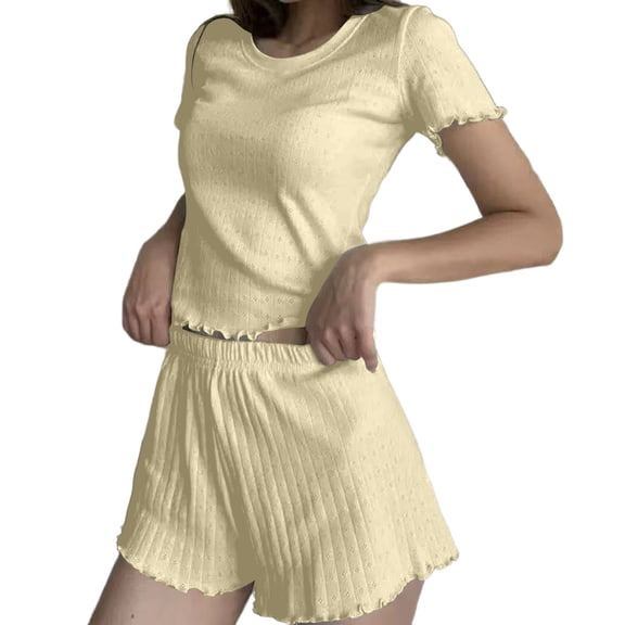 JYnXIANTI 2 Piece Pj Sets for Woman Ribbed Ruffle Short Sleeve Tops and Shorts Lounge Set Summer Matching Pajamas Set Sleepwear