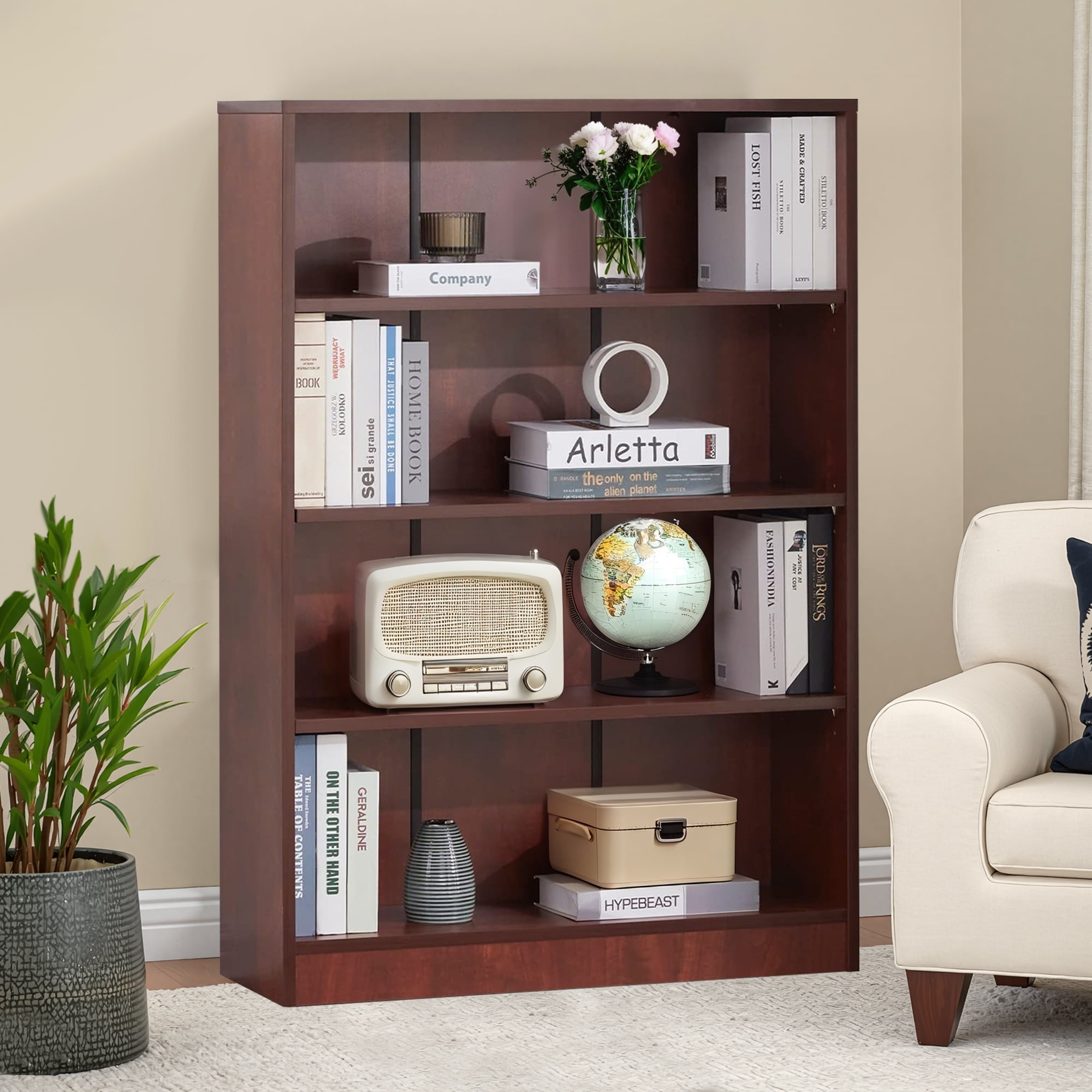 MAYEERTY Brown 4-Shelf Modern Wood Bookcase, 48" Tall, for Bedroom, Living Room, and Manga Library