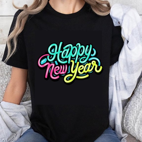 100% Cotton Happy New Year Neon Print Crew Neck T-Shirt For Women Men Unisex Casual Party Celebration Shirt