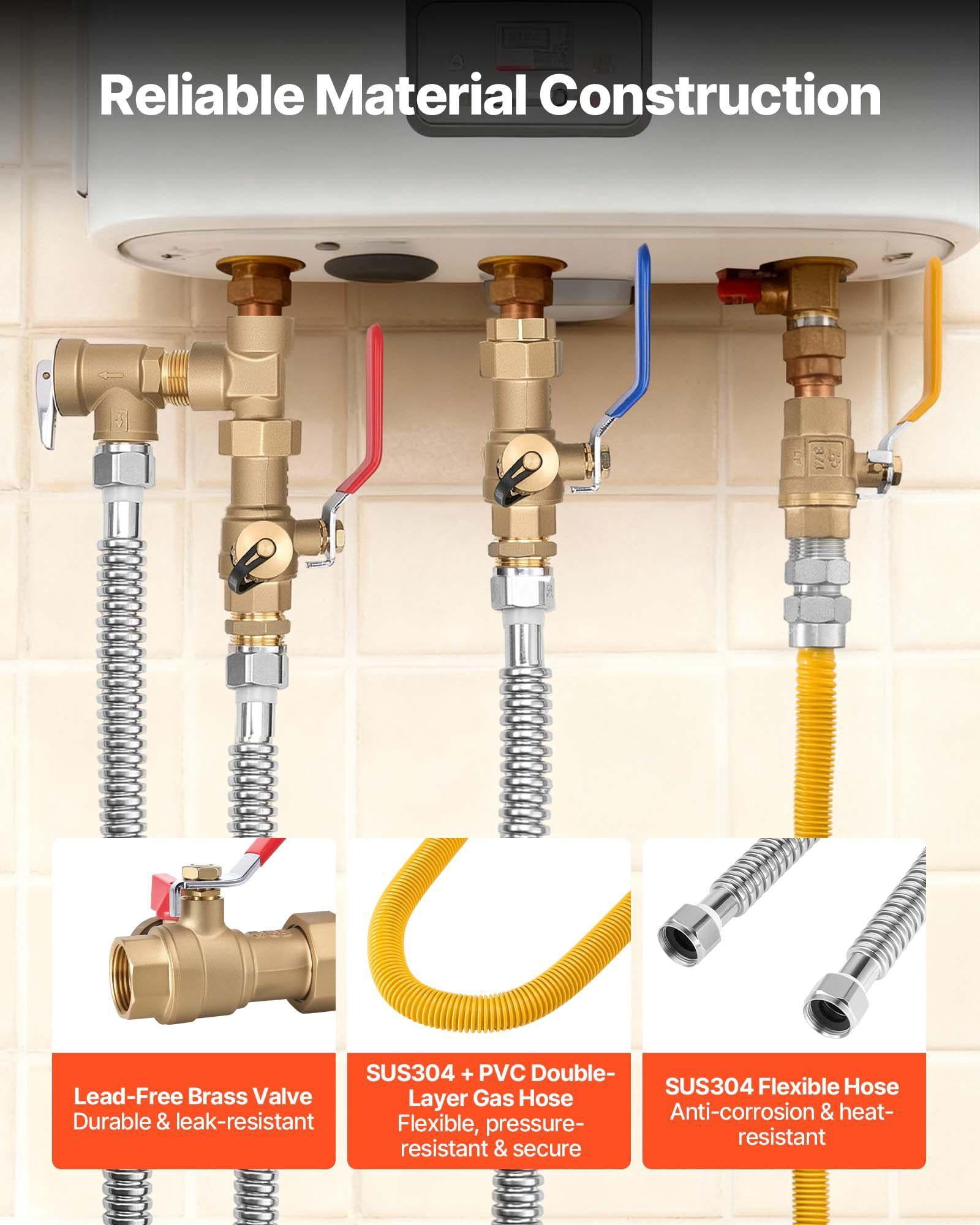 3/4 Inch Water Heater Repair Kit with 600 WOG Valves Pressure Relief Valve Gas Hose for Tankless Heaters