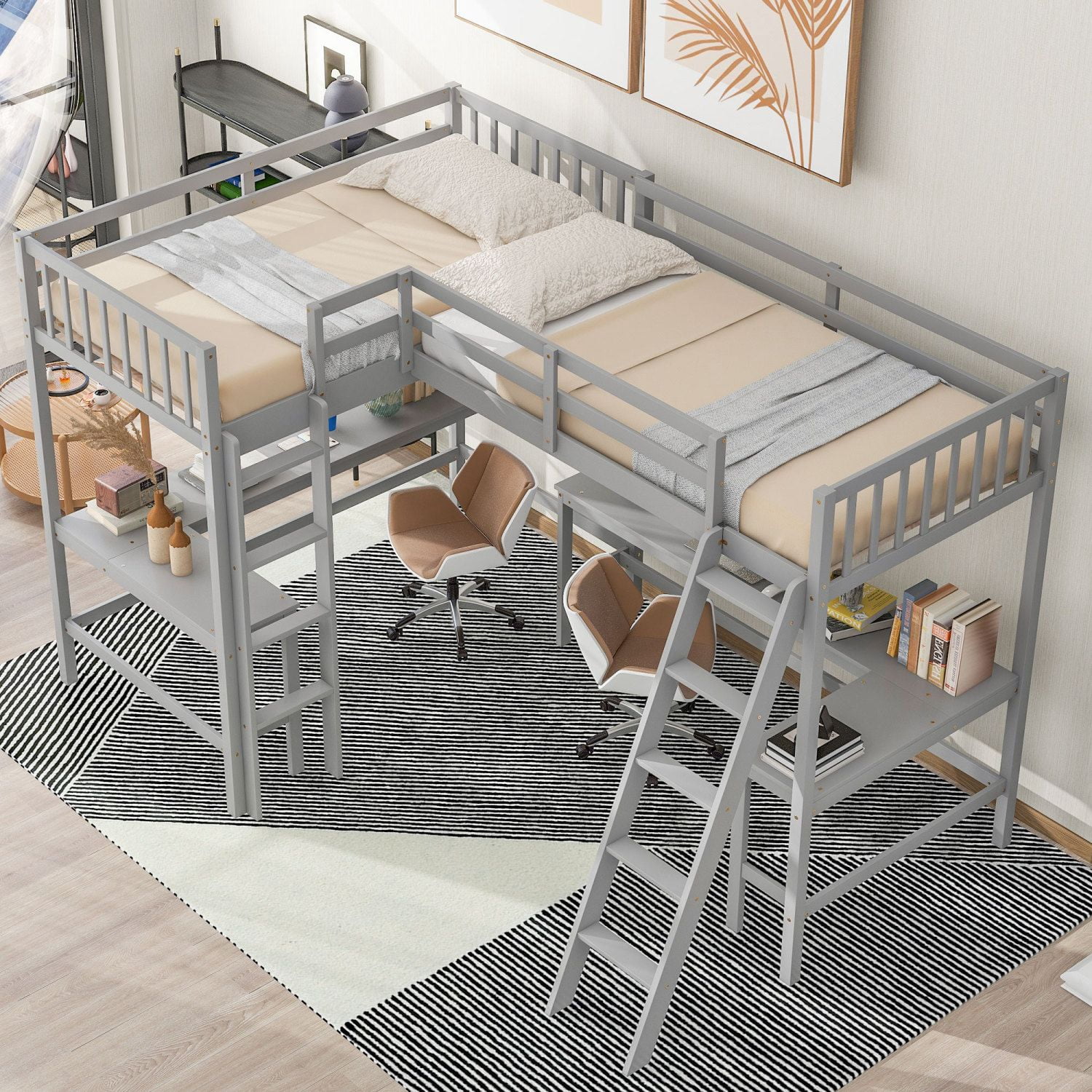 Asteroutdoor Wood Twin Size L-Shaped Loft Bed with Ladder and 2 Built-in L-Shaped Desks, Gray