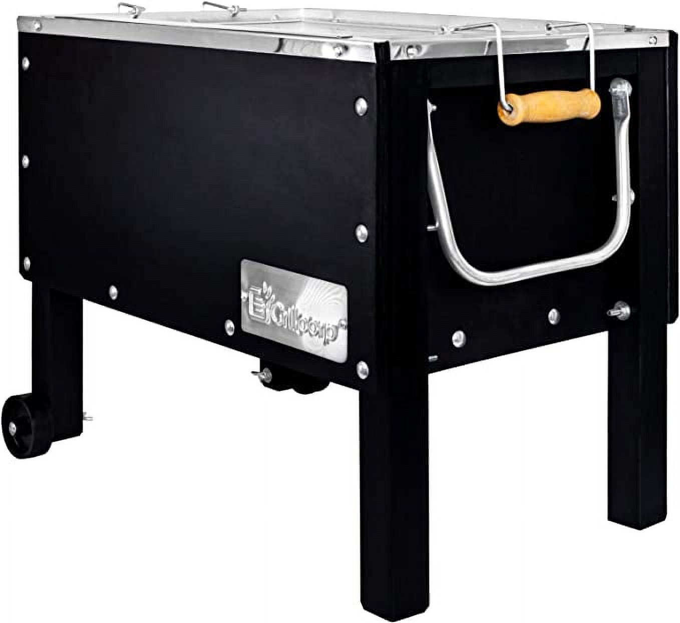 Grillcorp Caja China Junior, Roasting Box 100% Stainless Steel with Front Wheels, Stainless Steel interior grill and tray, Pig Roasting Box, Pizza Grill Box, Junior, Black.