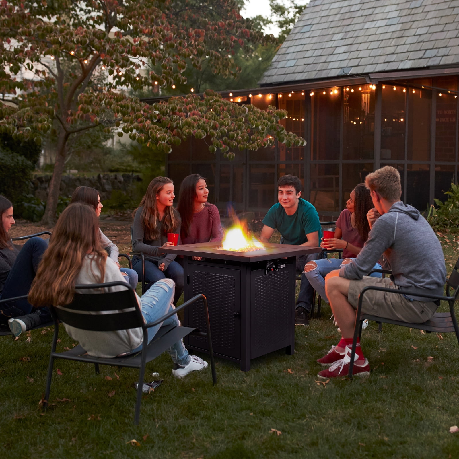 GVN Garden Fire Pit Table, Outdoor Fire Pit Table, 28" Fire Table,50000 BTU Gas Firepit with Volcanic Stone, Black
