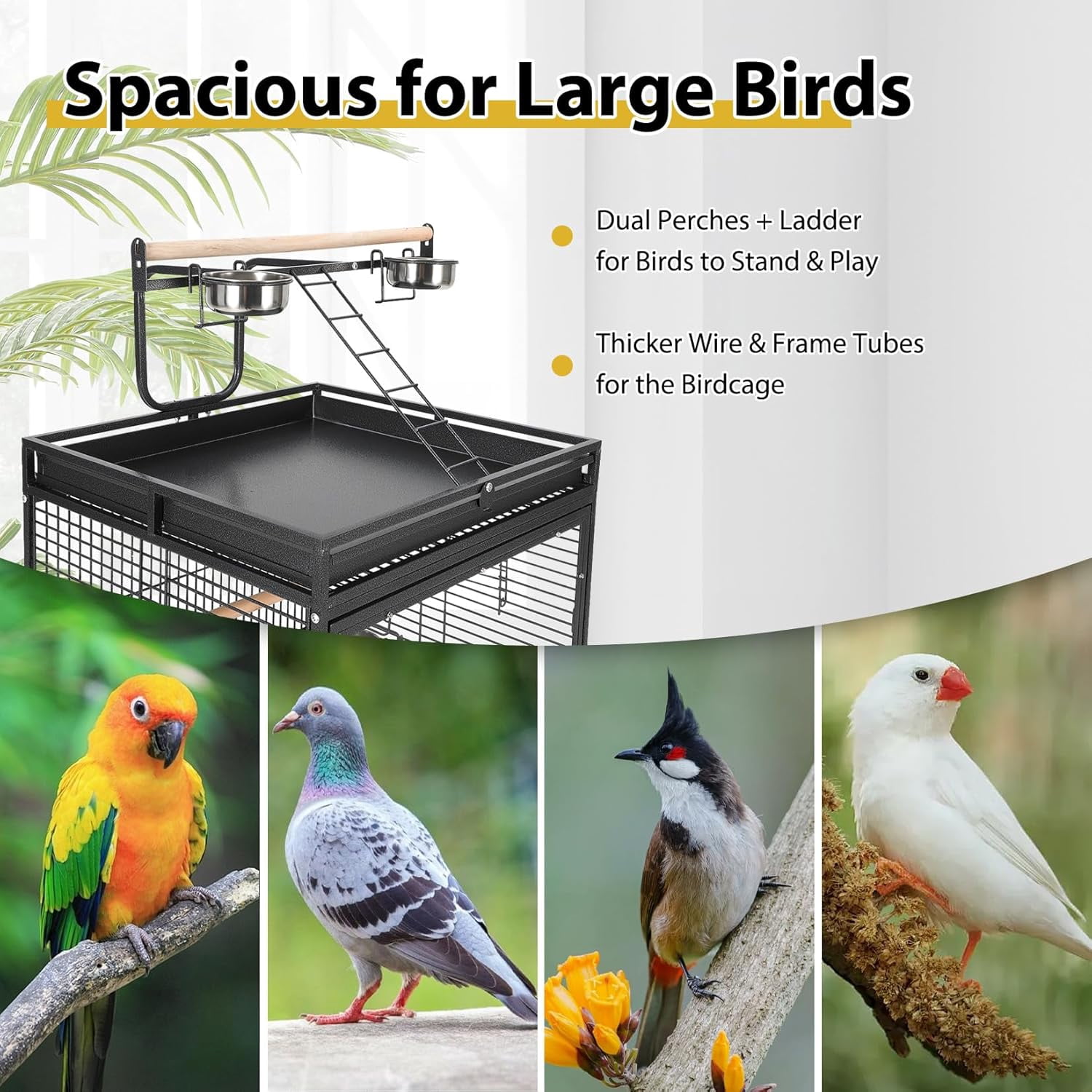 QinaQin Large Bird Cage with Play Top,Rolling Stand & Bowls,Metal Parrot Aviary,Indoor/Outdoor Use,Porch,Yard,Black