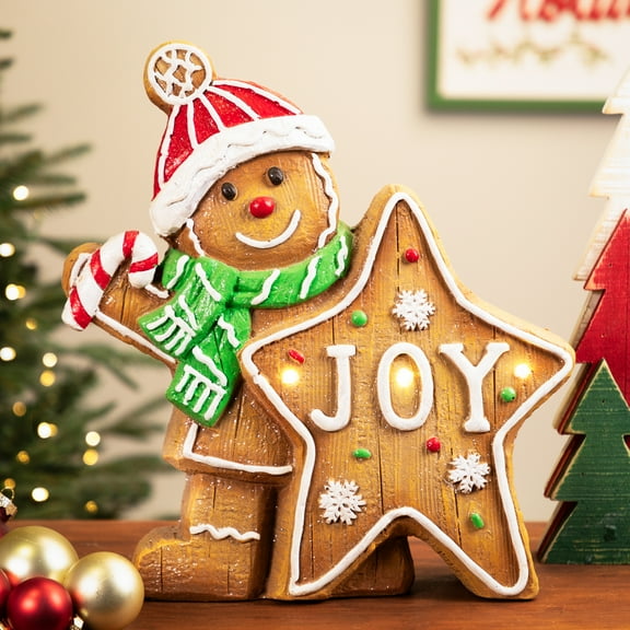 Gingerbread Cookie Boy with Lighted "Joy" Star Christmas Decoration - 13.5"