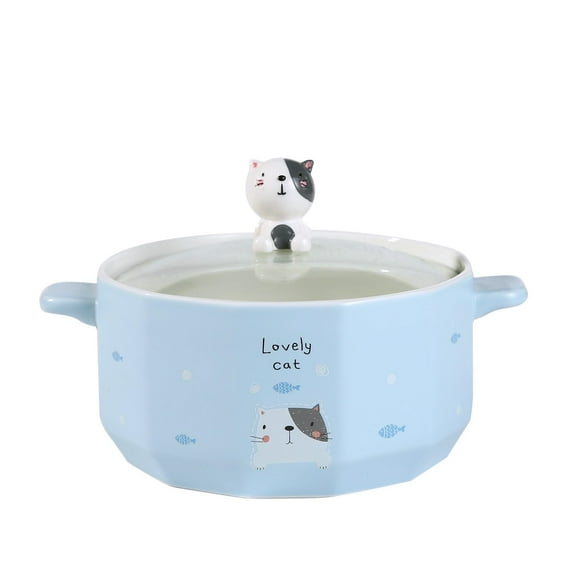 Whimsical Characters Porcelain Ramen Noodle Bowl with Glass Lid 30 fl oz Bowl With Side Handles For Udong, Pho, Tomyum Ramen Noodle Soup (Cat)