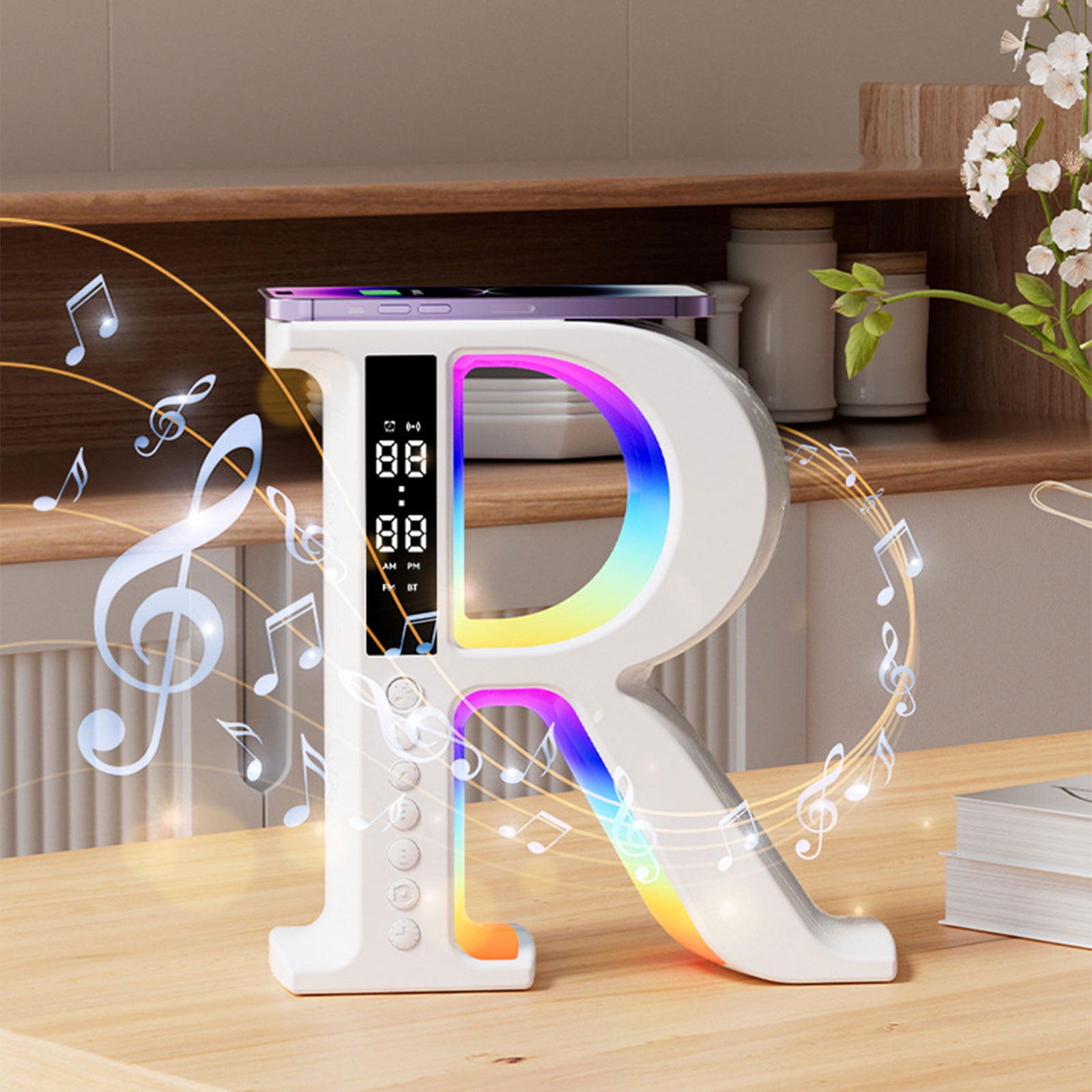 R Shaped Bluetooth Desktop Speaker, Wireless Audio Speaker With Mood Light, Wireless Charging Speaker Clock, Lyrics Subtitle Display Speaker, Multifunctional Desktop Music Speaker