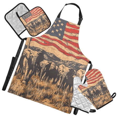 African Elephants and American Flag 5 Pcs Kitchen Set Heat Resistant Oven Mitts and Non-Slip Pot Holders with Adjustable Cooking Apron
