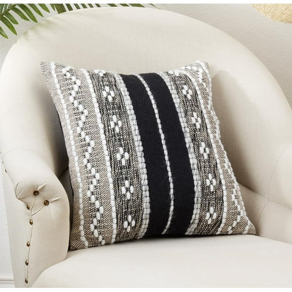 Fennco Styles Black Multi-Pattern Woven Cotton Decorative Throw Pillow Cover 18" W X 18" L - Black Square Cushion Case for Couch, Sofa, Bedroom, Living Room and Office Décor