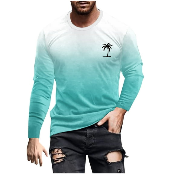 Qingpeng Long Sleeve Shirts for Men Casual Round Neck Slim Fit Print Shirt Basic Pullover Shirt Top